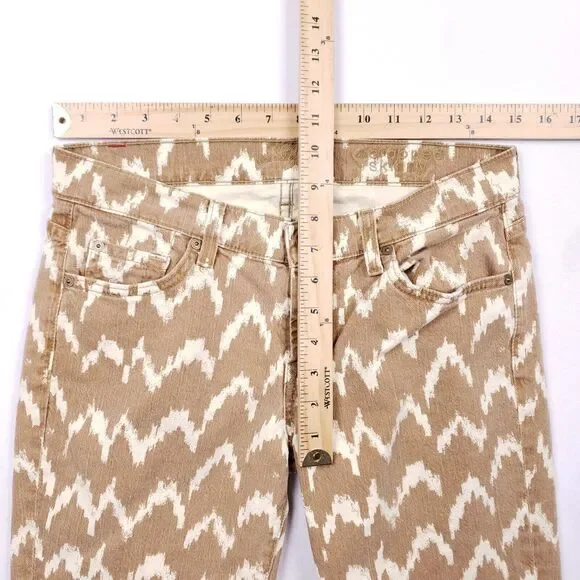 7 For All‎ Mankind Cropped Skinny Jeans Beige White Ikat Print 27 Stretch Denim - Picture 8 of 9